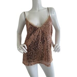 VTG Sequin Cami Top Sz L Dainty Lace Trim Rose Gold